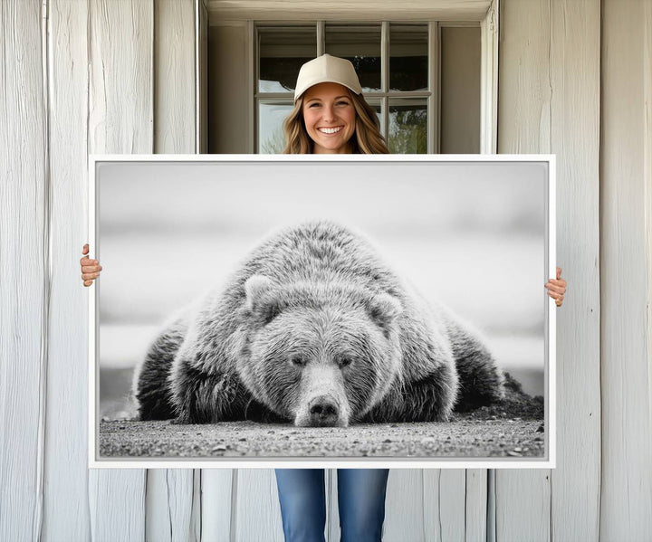 Resting Grizzly Bear wall art displayed in a modern room.