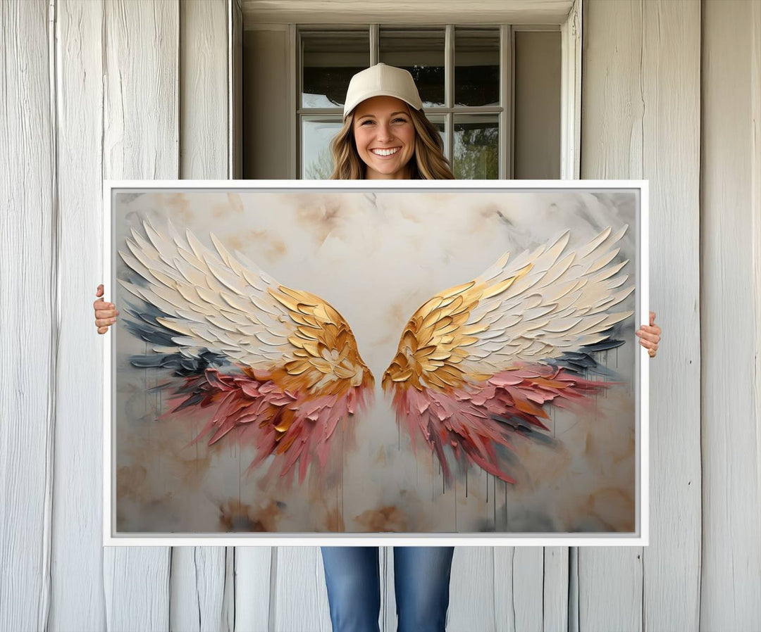 The Golden Angel Wings canvas print elegantly adorns the wall.