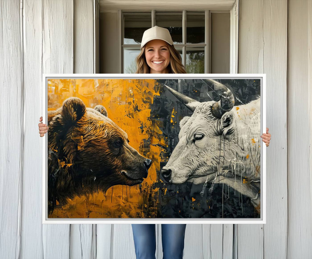 The Bear and Bull Wall Art Canvas Print adorns the wall.