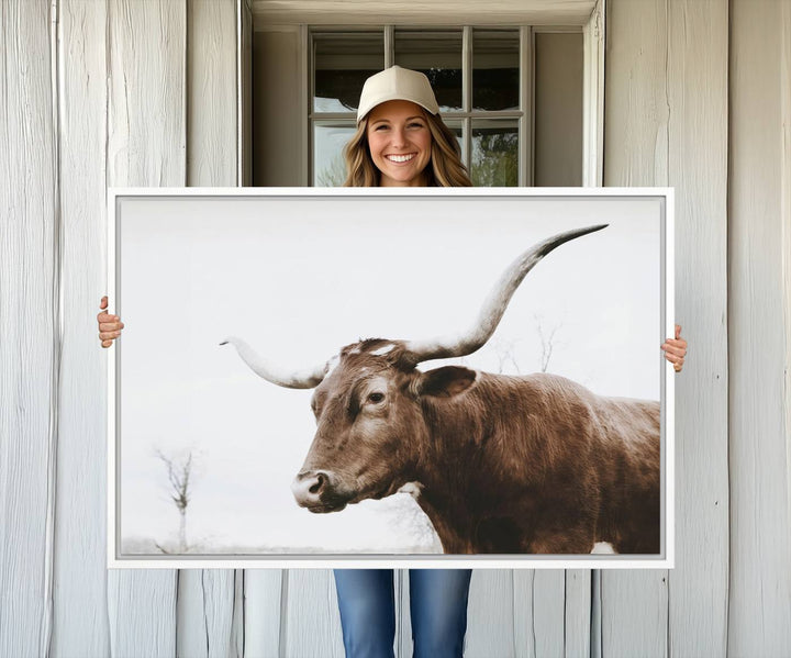 The Rustic Bull Wall Art Canvas decor hangs prominently on the wall.