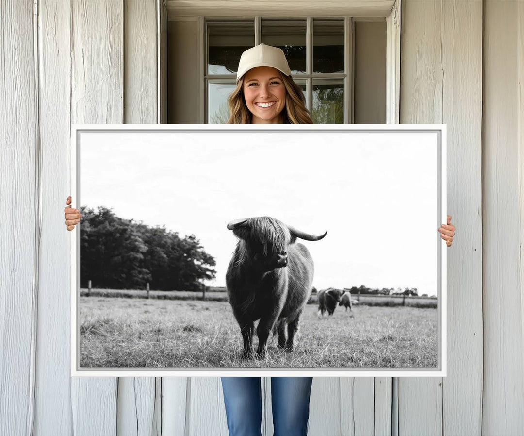 The Black and White Highland Cow Canvas Print is perfect rustic western decor.