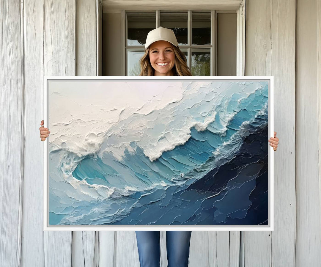 A Blue Abstract Wave Ocean Wall Art Canvas Print adorns the wall.