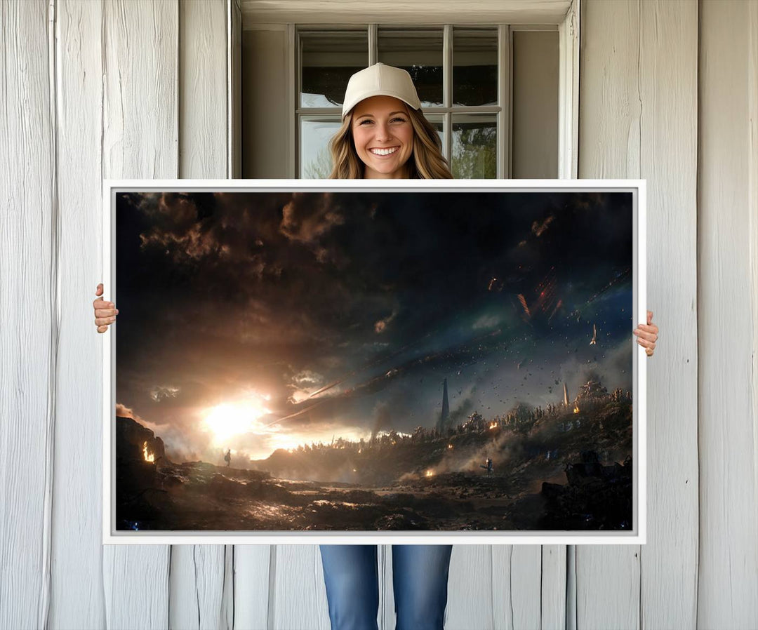 The Avengers Planet Wall Art Canvas Print depicts a stormy sky with figures.