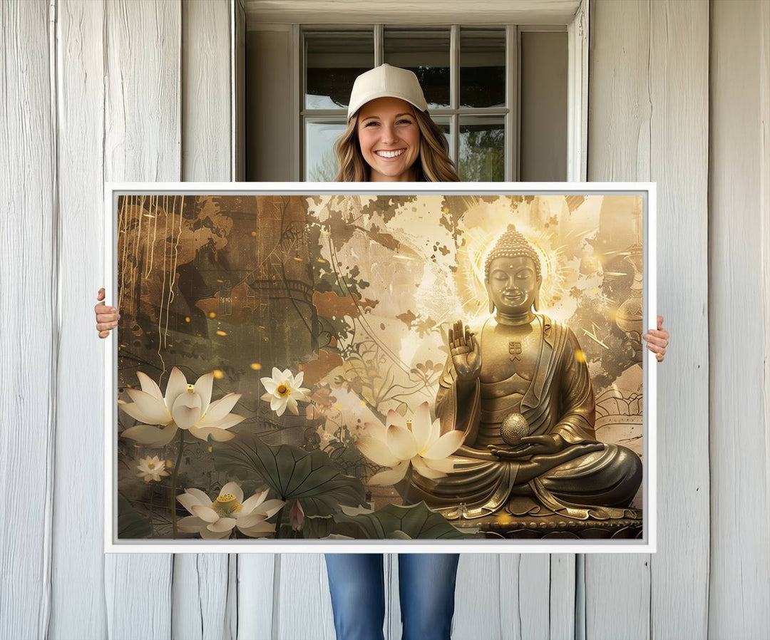 The living room features the Zen Buddha Wall Art Canvas Print with lotus flowers.