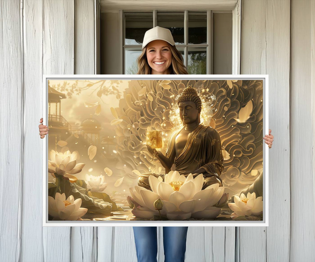 A framed Golden Buddha Wall Art with lotus flowers, ideal for meditation rooms, is beautifully displayed.