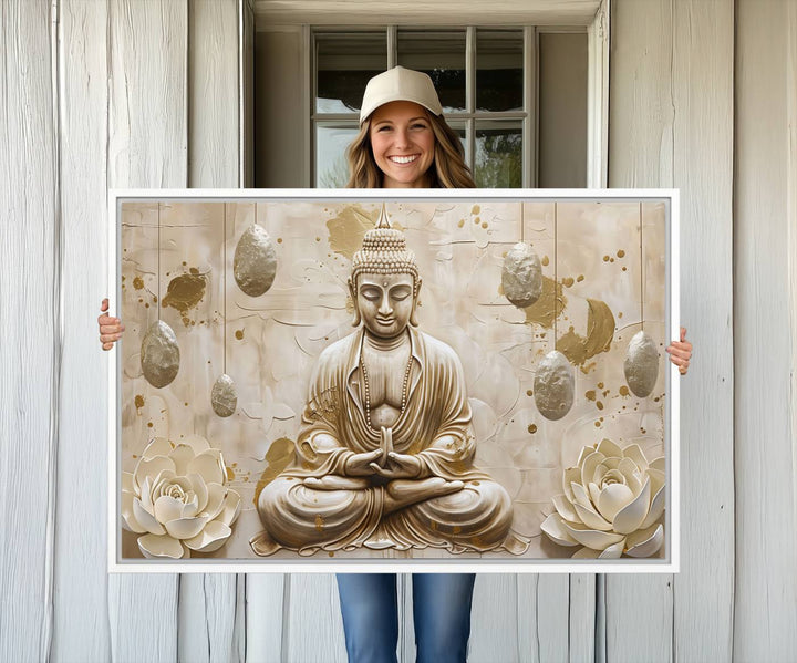 A modern Serene Buddha Wall Art, enhanced by lotus flowers, creates a tranquil atmosphere.