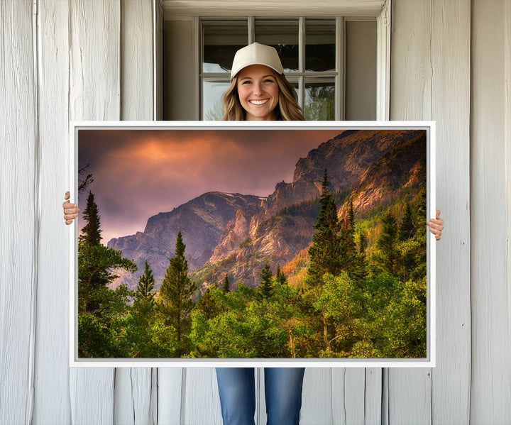 The Colorado Rockies Mountains wall art canvas print at sunset is displayed prominently.