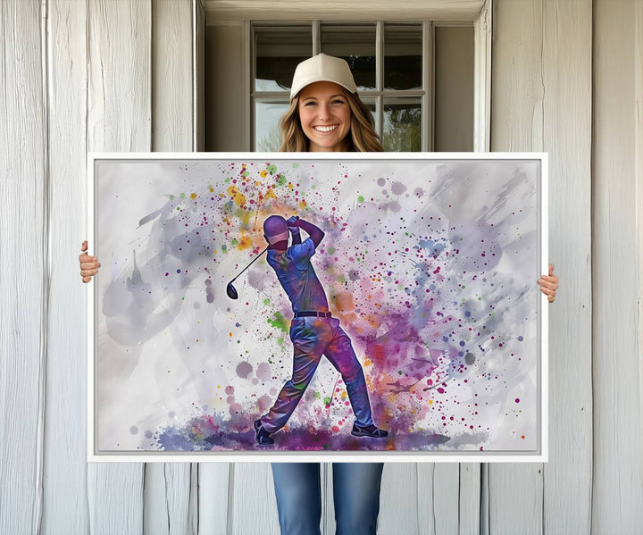 Vibrant abstract silhouette of a golf swing on white with multicolored splatters. Perfect for enthusiasts!.