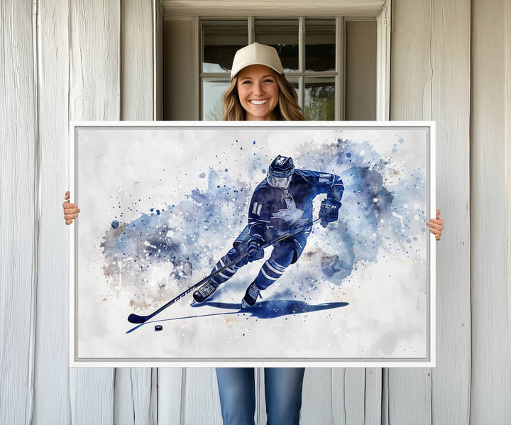 Vibrant Hockey Player Wall Art Display: Blue watercolor print.