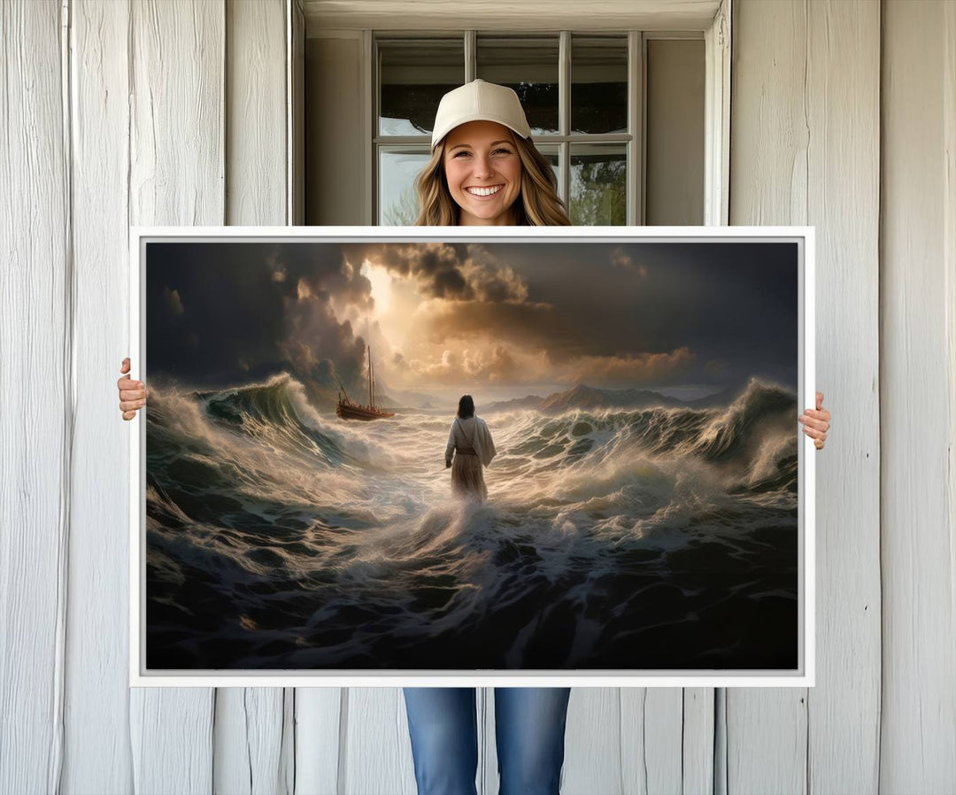 The wall art canvas print depicts a person in white striding on stormy ocean waves towards a sailboat under dramatic skies.