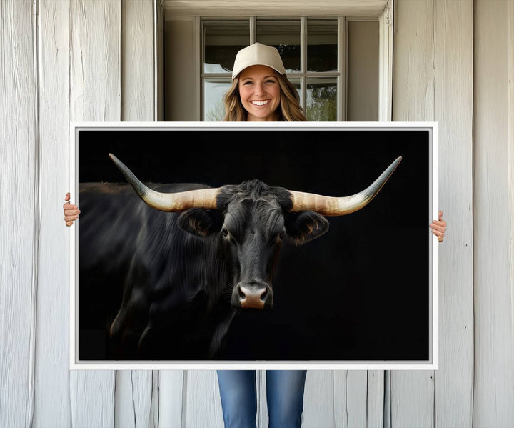 Texas Longhorn Cow | Majestic Black Bull Wall Art Canvas Print - Farmhouse Animal Decor - Ready to Hang