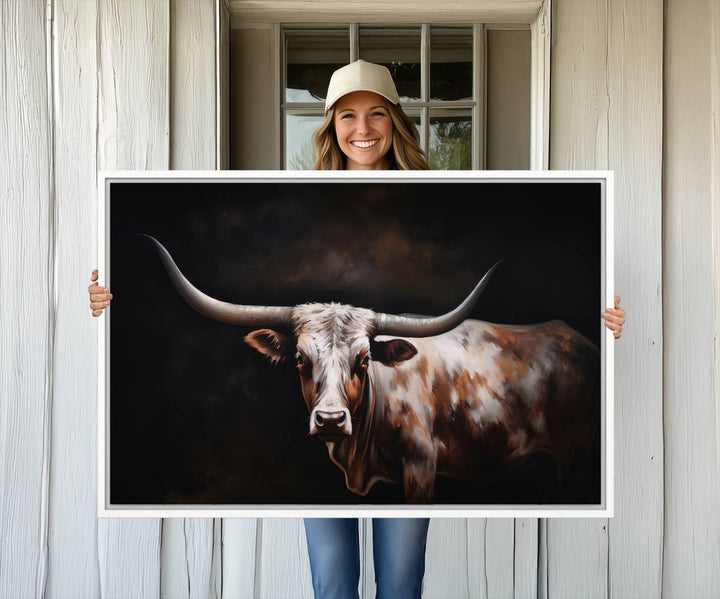 A modern kitchen featuring a Texas Longhorn Wall Art Canvas Print.