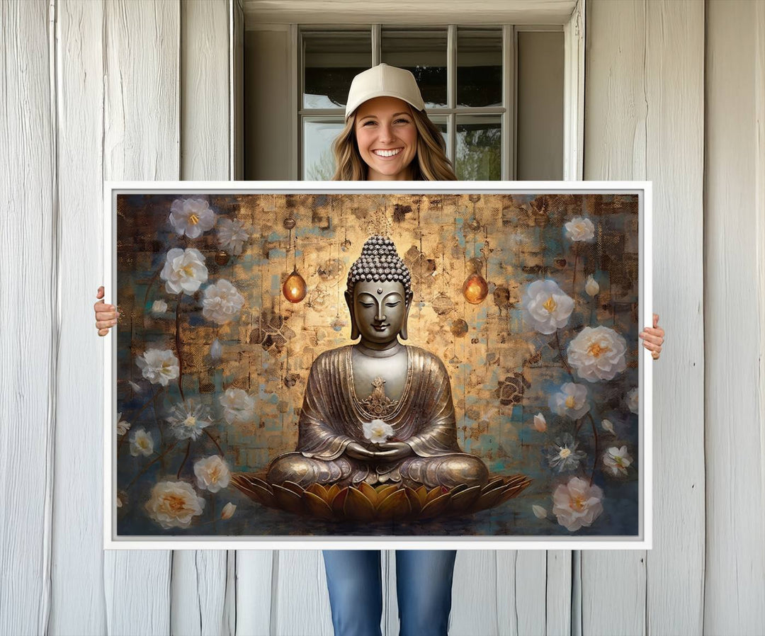 Golden Buddha wall art canvas print on a warm backdrop.