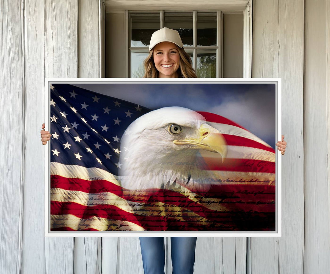 On the wall is an American Flag Eagle Symbol Wall Art Canvas Print.