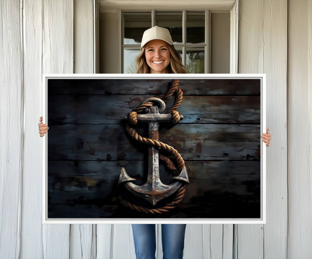 The wooden wall displays a 3 Panel Grunge Abstract Anchor Wall Art Canvas Print Set.