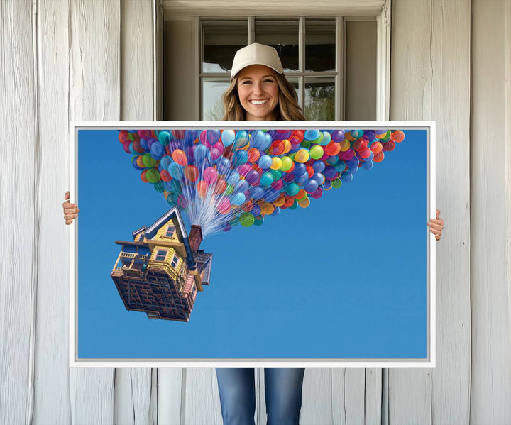 The Up house floats skyward, making it an ideal Carl Fredricksen wall art for kids rooms.