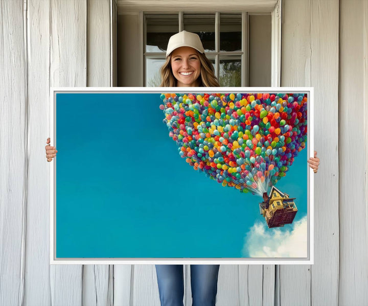 The Carl Fredricksen Up Movie Wall Art, featuring a colorful balloon house, adds vibrant decor to the space.