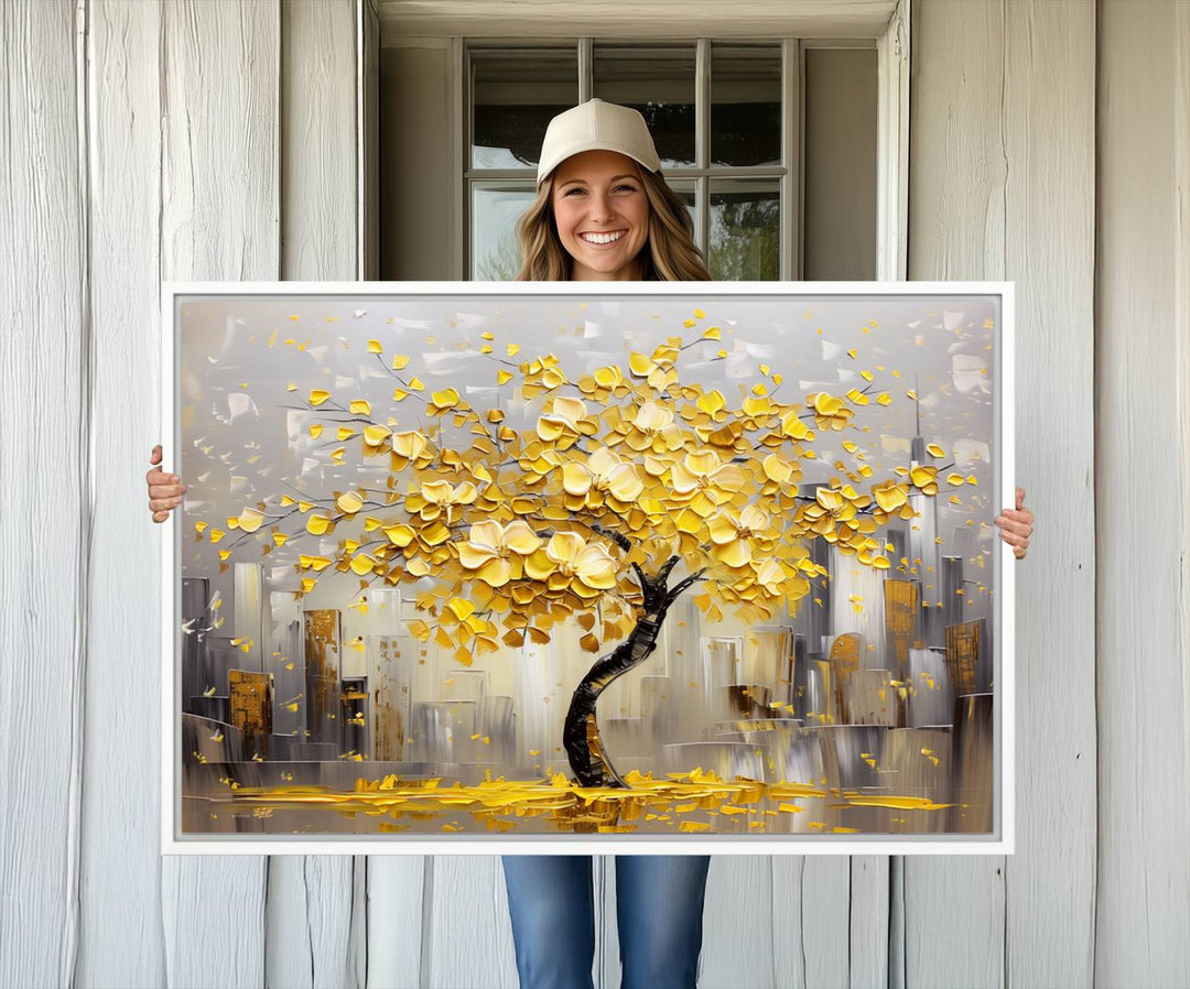 Golden Tree Canvas Print: Abstract wall art featuring golden leaves over a cityscape, ideal for modern homes. Ready to hang.