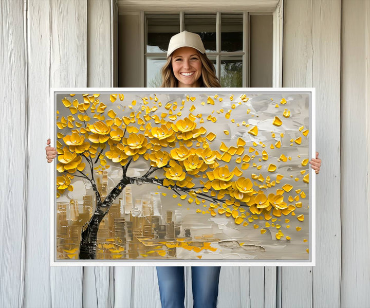 The living room showcases a Yellow Blossom Tree Canvas Wall Art, modern and floral.