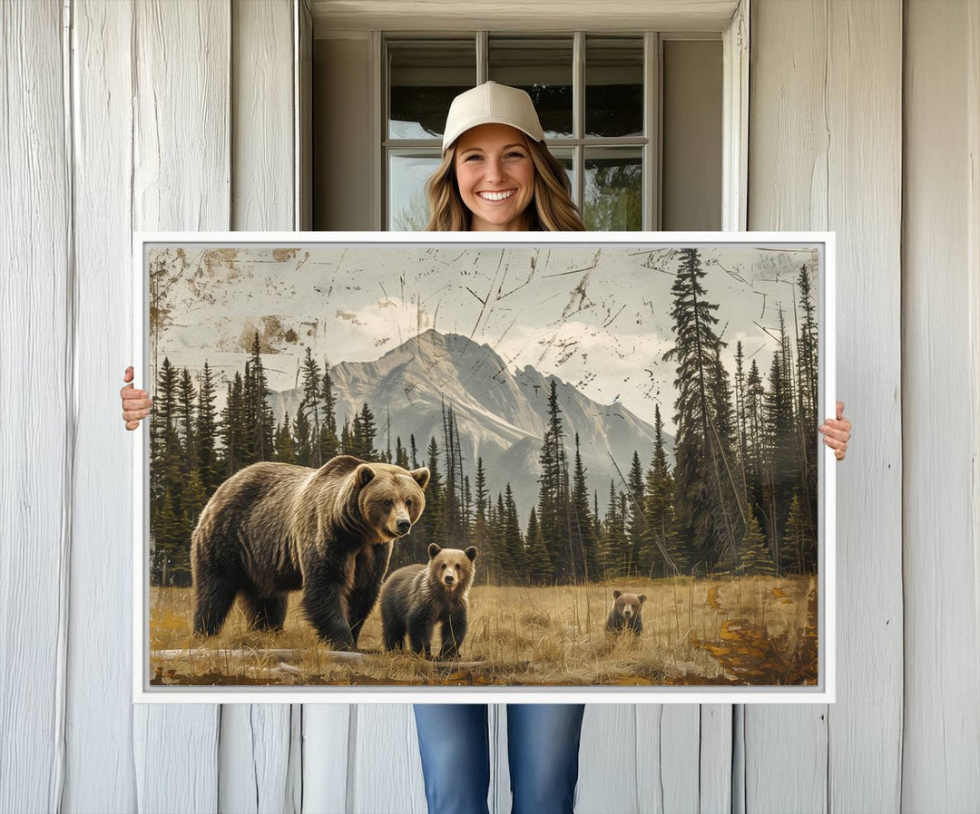 Rustic Grizzly 399: Bear Family Wall Art Canvas Print.