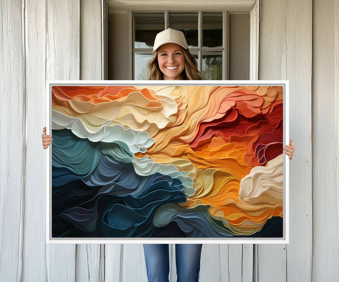 Blue Orange Abstract Wave Wall Art Canvas Print.