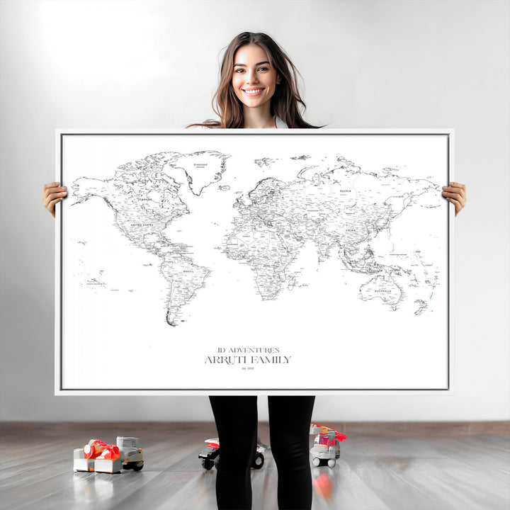 Personalized World Map Wall Art Canvas Print - Custom Push Pin Travel Map Canvas - Framed Map Print for Travel Lover Gift