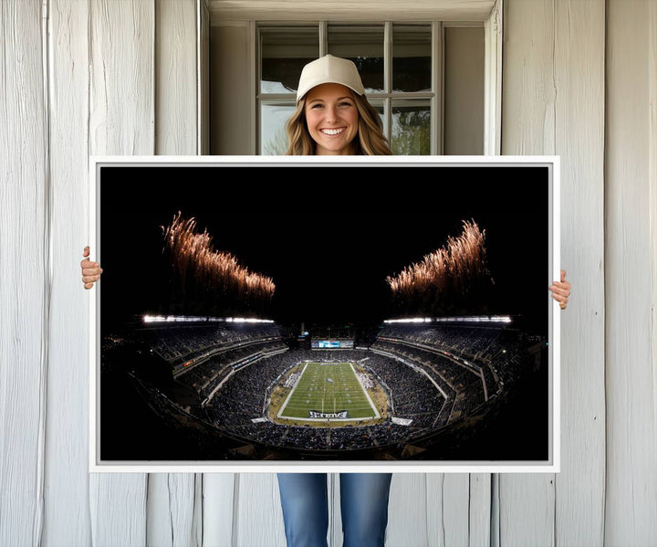 Eagles Stadium Wall Art depicting a nighttime game and fireworks at Lincoln Financial Field.