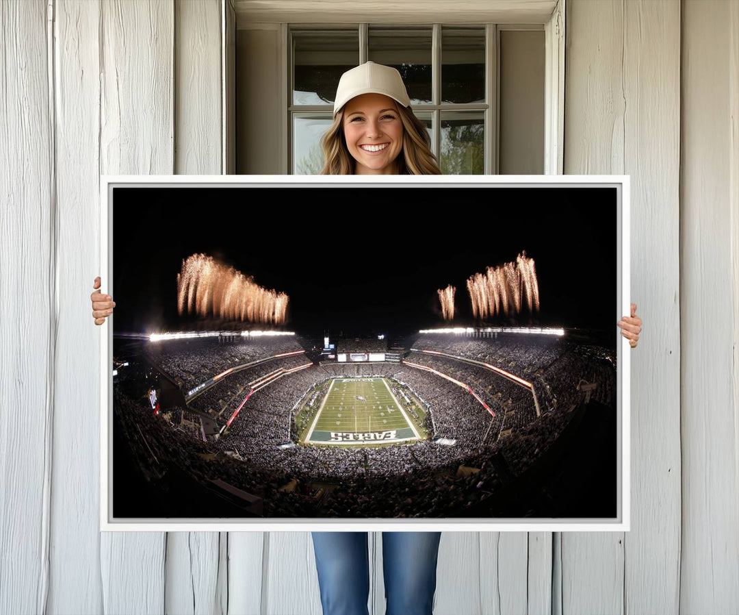 Eagles Field Stadium Wall Art features a depiction of Lincoln Financial Field fireworks.