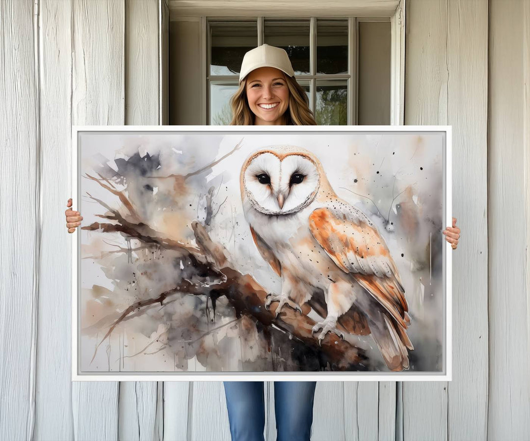 The Barn Owl Wall Art watercolor canvas adds a rustic twist to farmhouse decor.