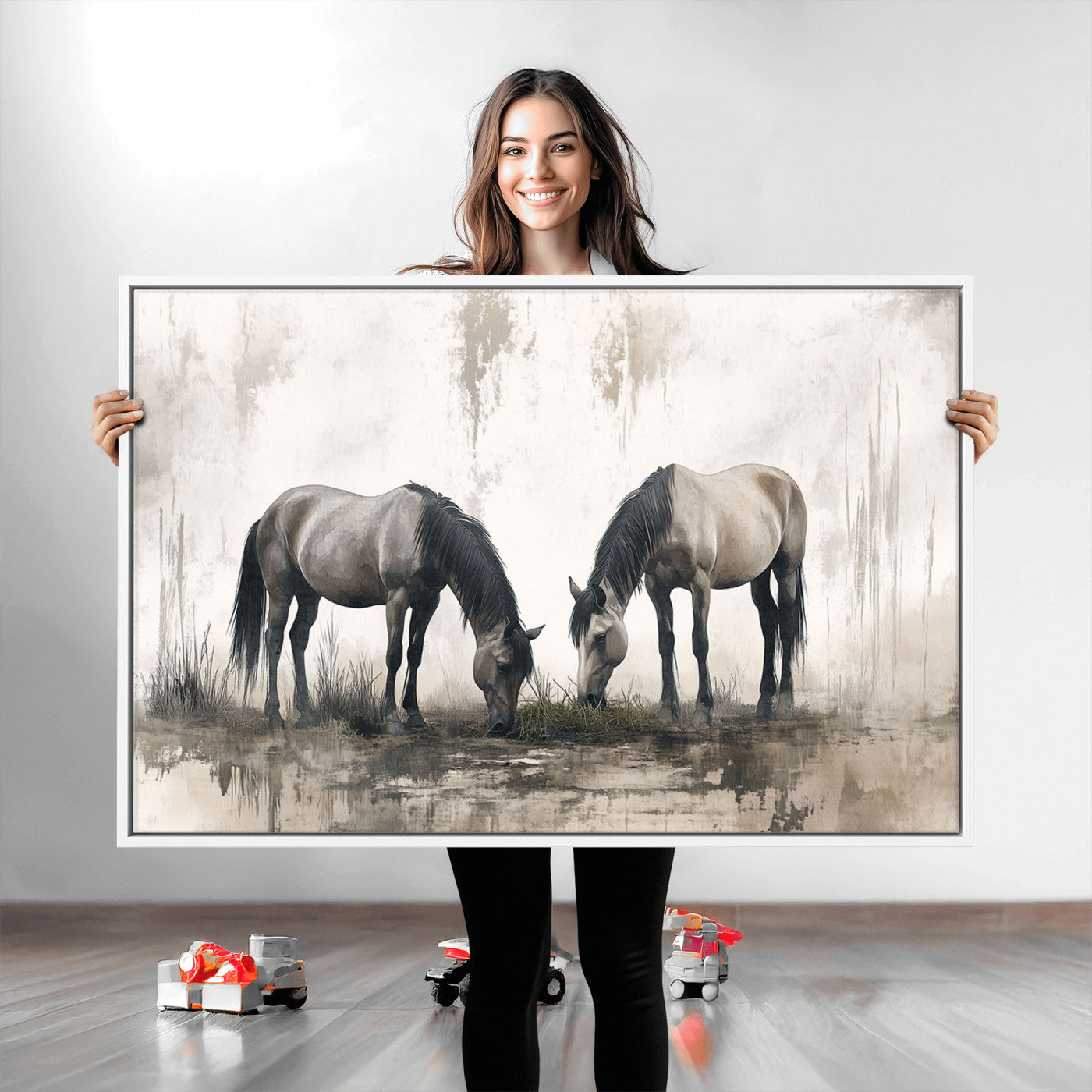 35494-MGV-CV-36X24-Chines Ink Style Vintage Horses Wall Art Canvas Print for Farmhouse Wall Decor