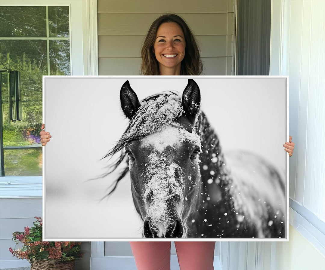 This black and white winter horse wall art enhances any decor; it is ready to hang and framed for a farmhouse or Western style.