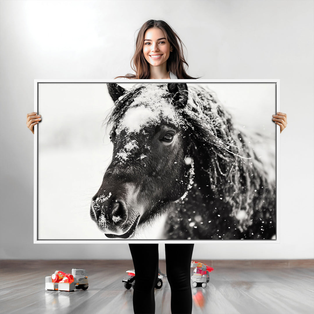 The wall art is a Black and White Horse piece, framed and ready to hang.