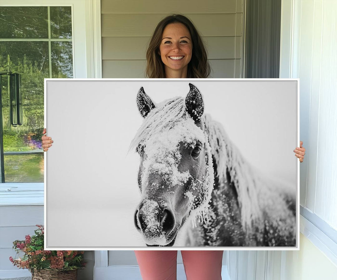 White Horse Wall Art: A black and white photo of a snow-covered horse, framed and ready to hang for farmhouse decor.