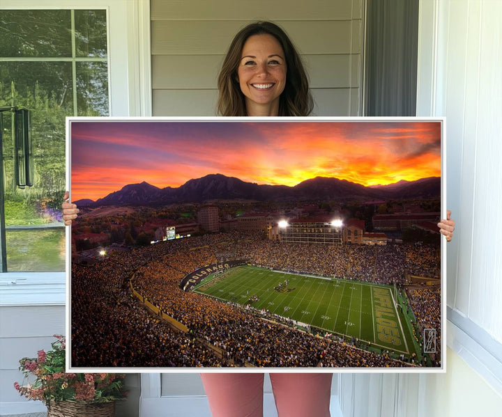 A vibrant mountain sunset at Folsom Field, home of the University of Colorado Football team, is captured in this stunning wall art canvas print.