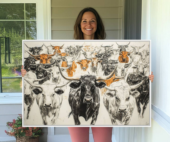 Texas Longhorn Wall Art canvas features cattle artwork with an abstract design, perfect for farmhouse decor on a porch.