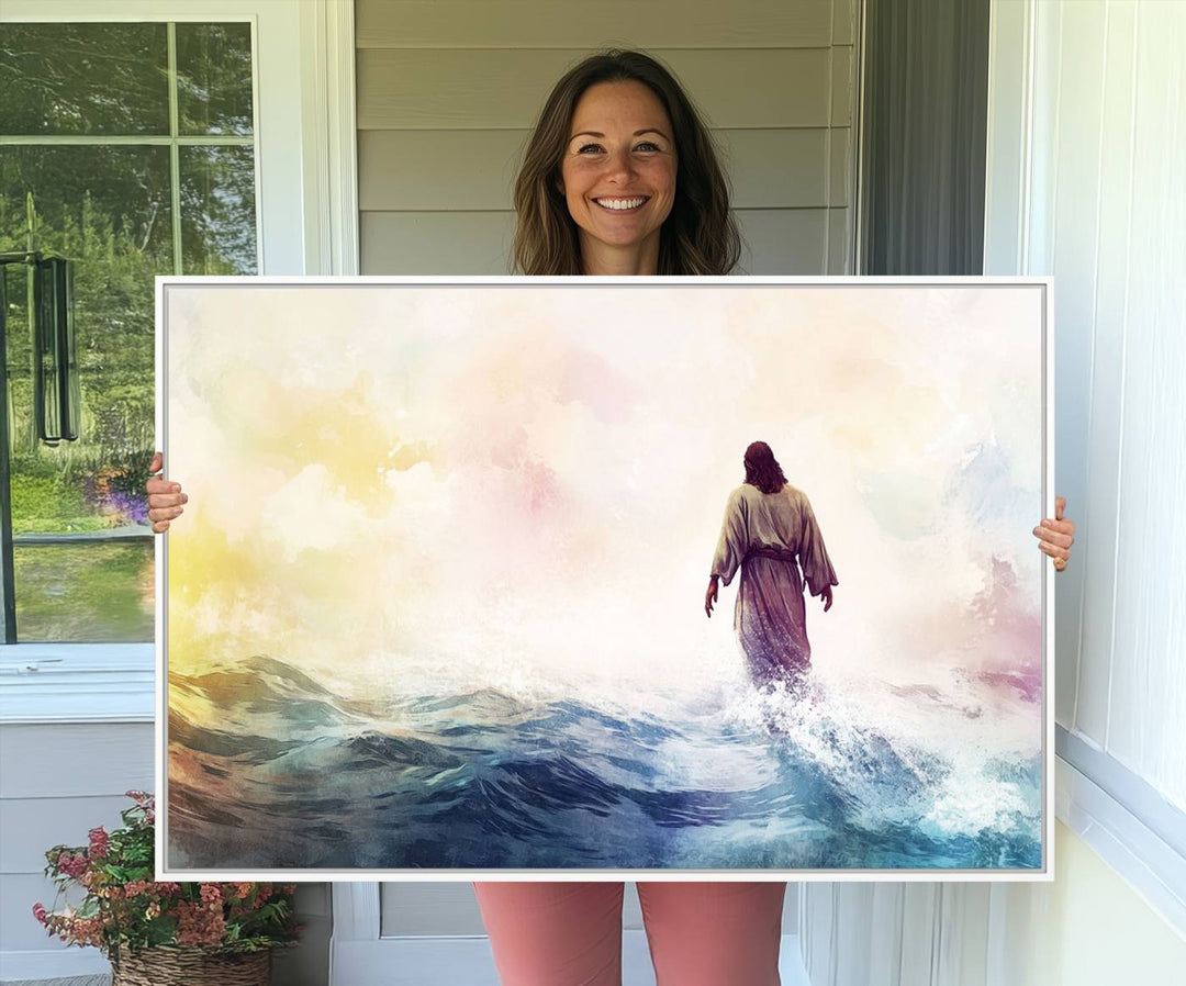 A robed figure strides on water in gentle waves, evoking the Watercolor Jesus Walking on Water canvas art.