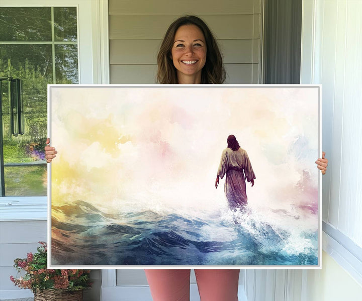 A robed figure strides on water in gentle waves, evoking the Watercolor Jesus Walking on Water canvas art.