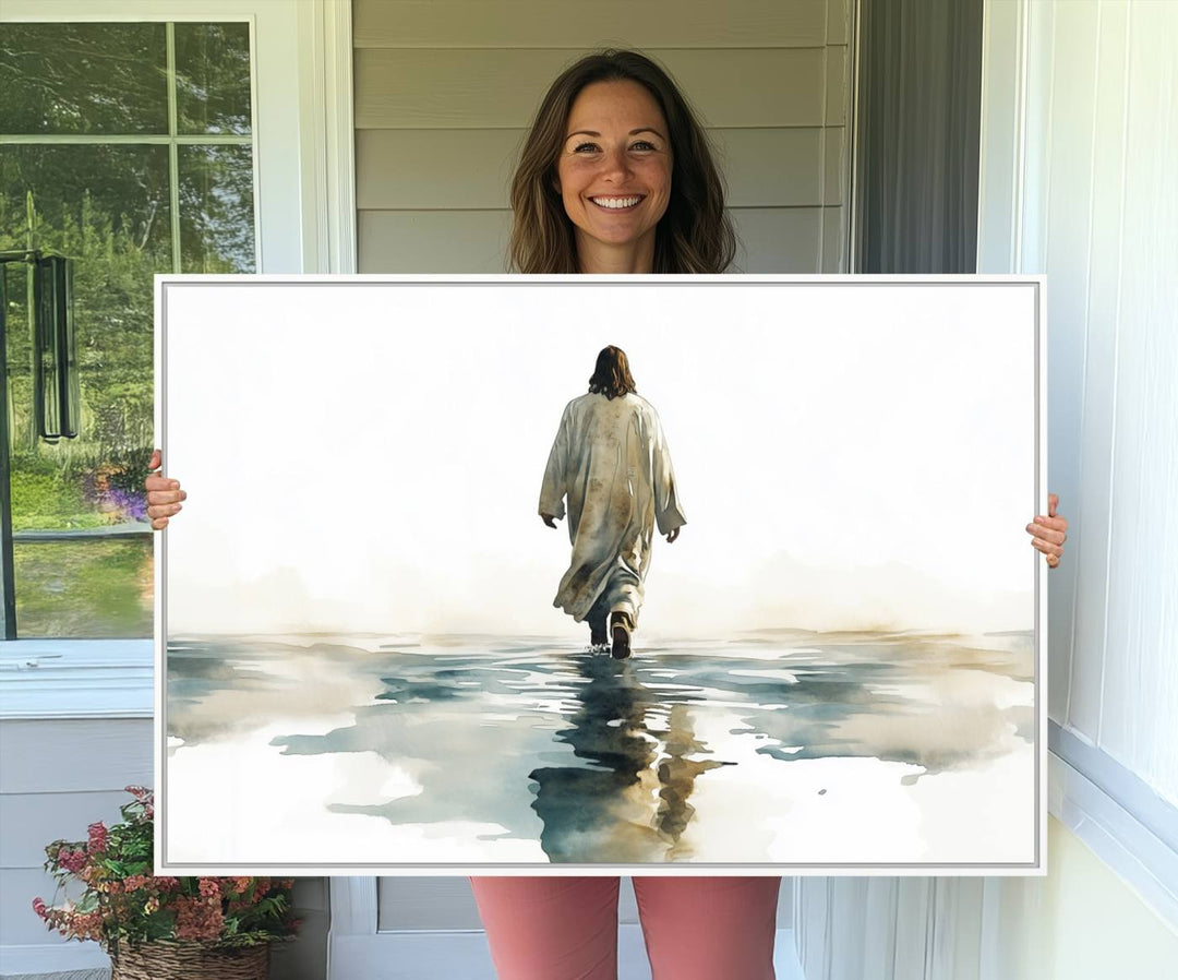 A Watercolor Jesus Walking on Water Christian wall art.