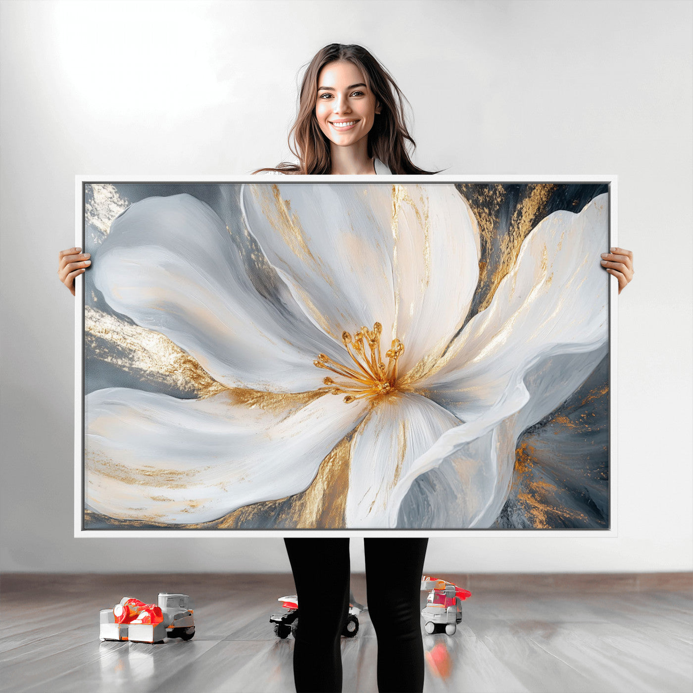 83149-MGV-CV-36X24-White and Gold Floral Canvas Wall Art - Framed and Ready to Hang - Perfect for Modern Living Rooms