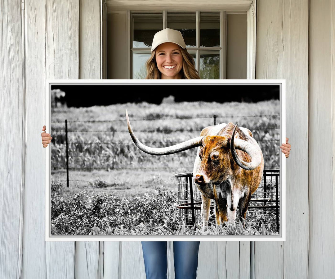 Majestic Texas Longhorn Cow Wall Art features a ready-to-hang canvas print that complements rustic farmhouse décor.