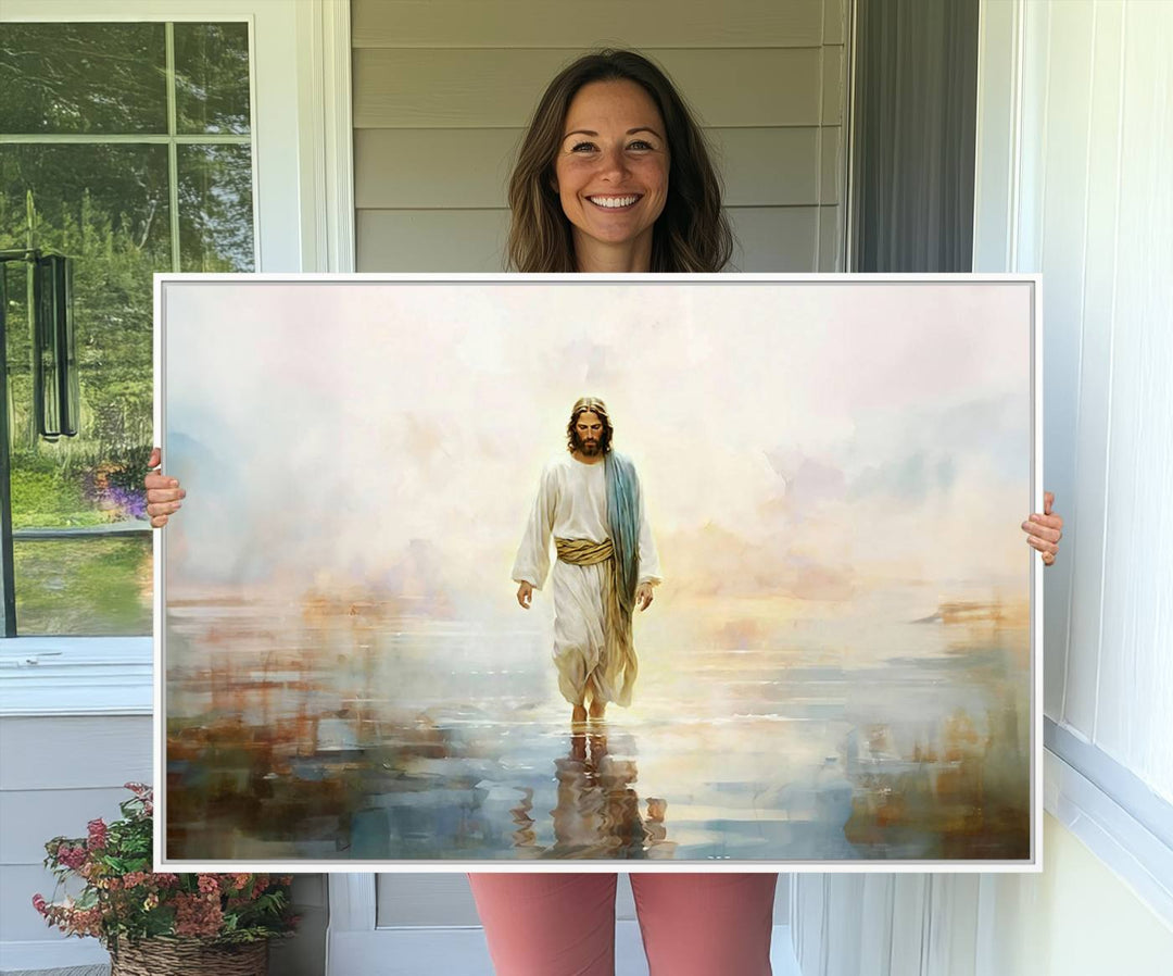 The 3-panel Framed Jesus Walking on Water Wall Art showcases a serene religious scene.