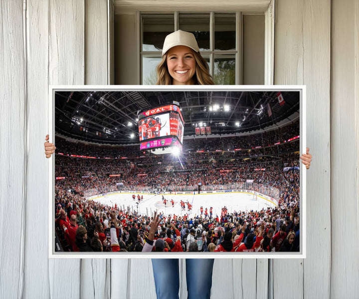 The wall art, a high-quality basketball arena canvas, evokes the excitement of fans cheering at the Amerant Bank Arena.