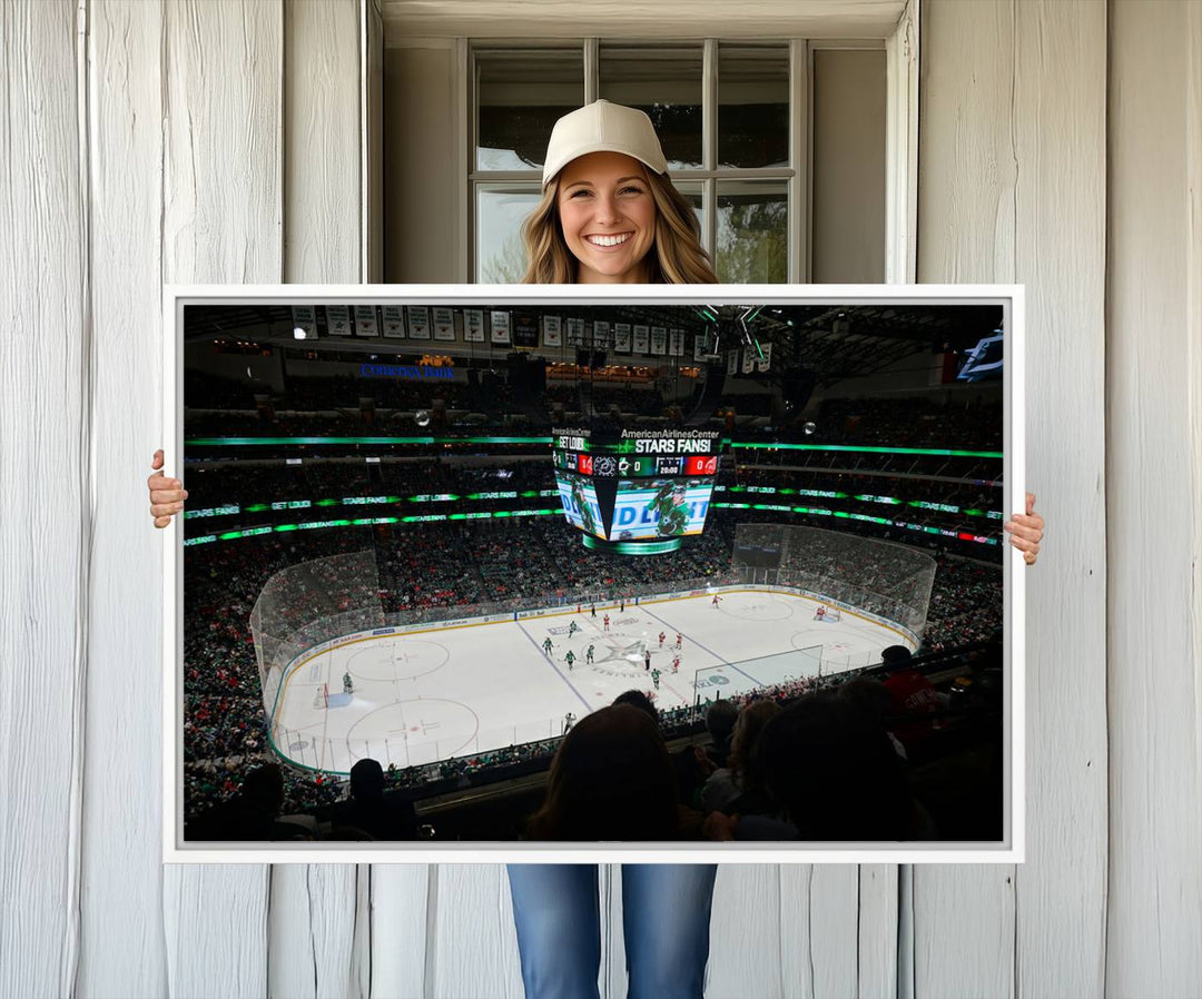 The Dallas Stars Wall Art Canvas Print is as clear as the scoreboard stats at a hockey game in a large arena with bright lights.