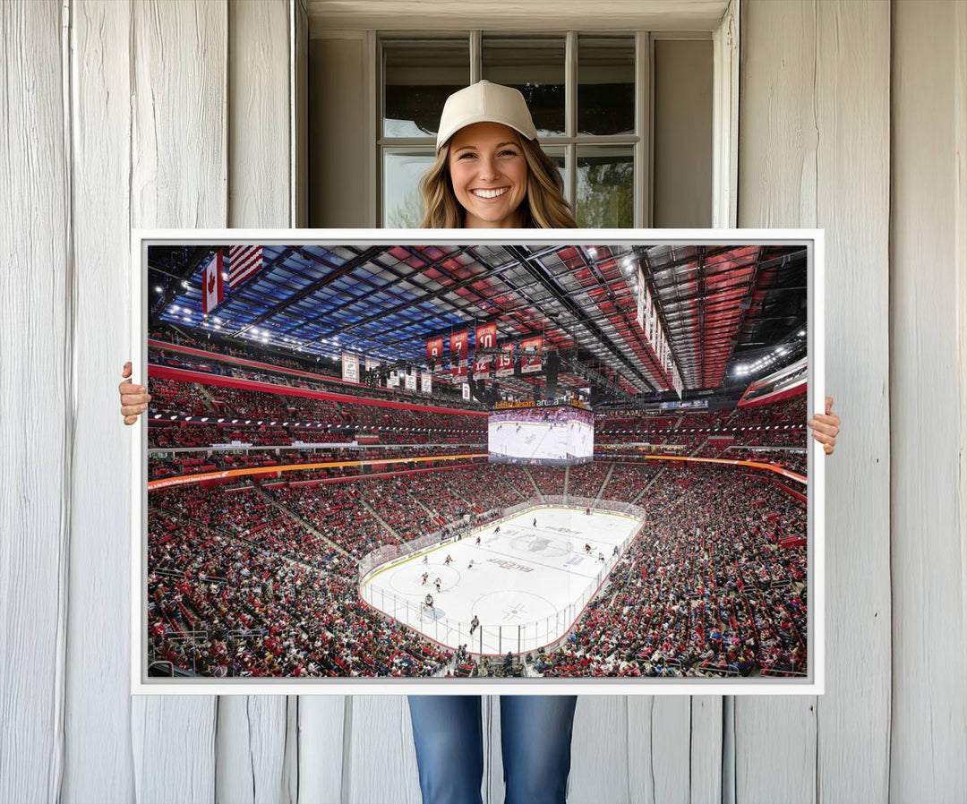 A Barton Malow canvas depicting Little Caesars Arena from above is beautifully printed in high resolution for your wall.