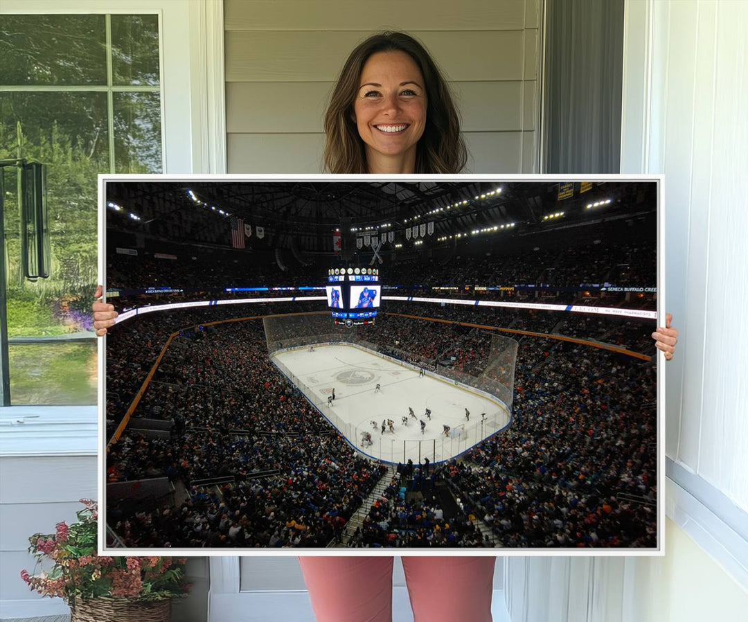 The wall art captures the essence of a Buffalo Sabres game on ice at KeyBank Center, making it deserving of a premium canvas print.