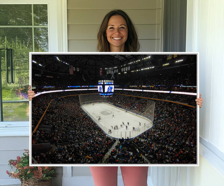 The wall art captures the essence of a Buffalo Sabres game on ice at KeyBank Center, making it deserving of a premium canvas print.