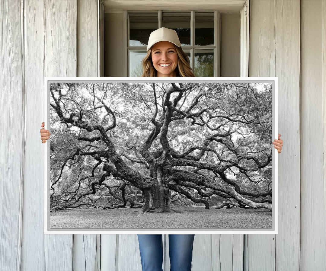 The Black White Angel Oak Tree wall art adds timeless, nature-inspired decor.