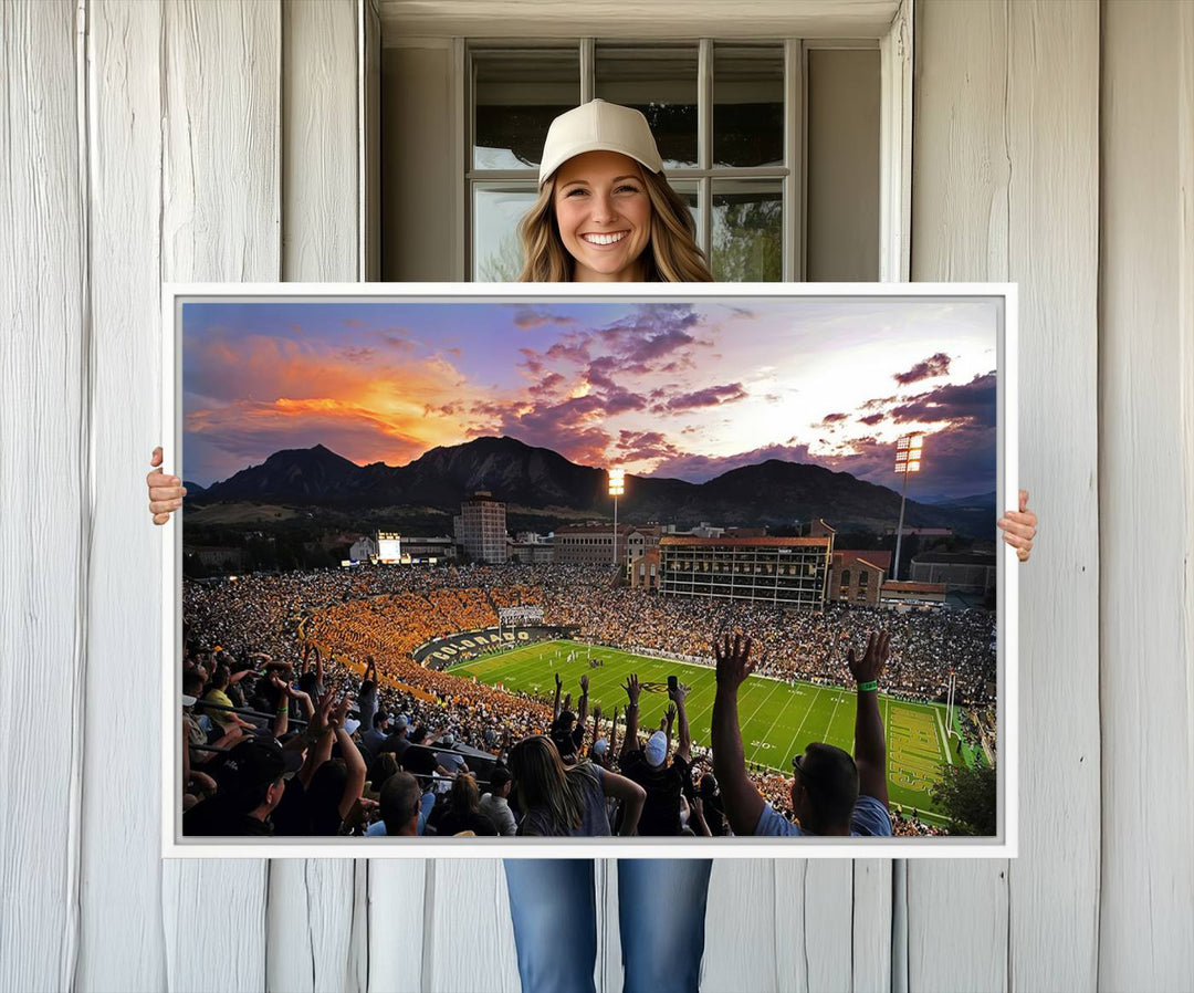 The Folsom Field Stadium Print beautifully captures the Colorado Buffaloes stadium at sunset, set against a stunning mountain backdrop.