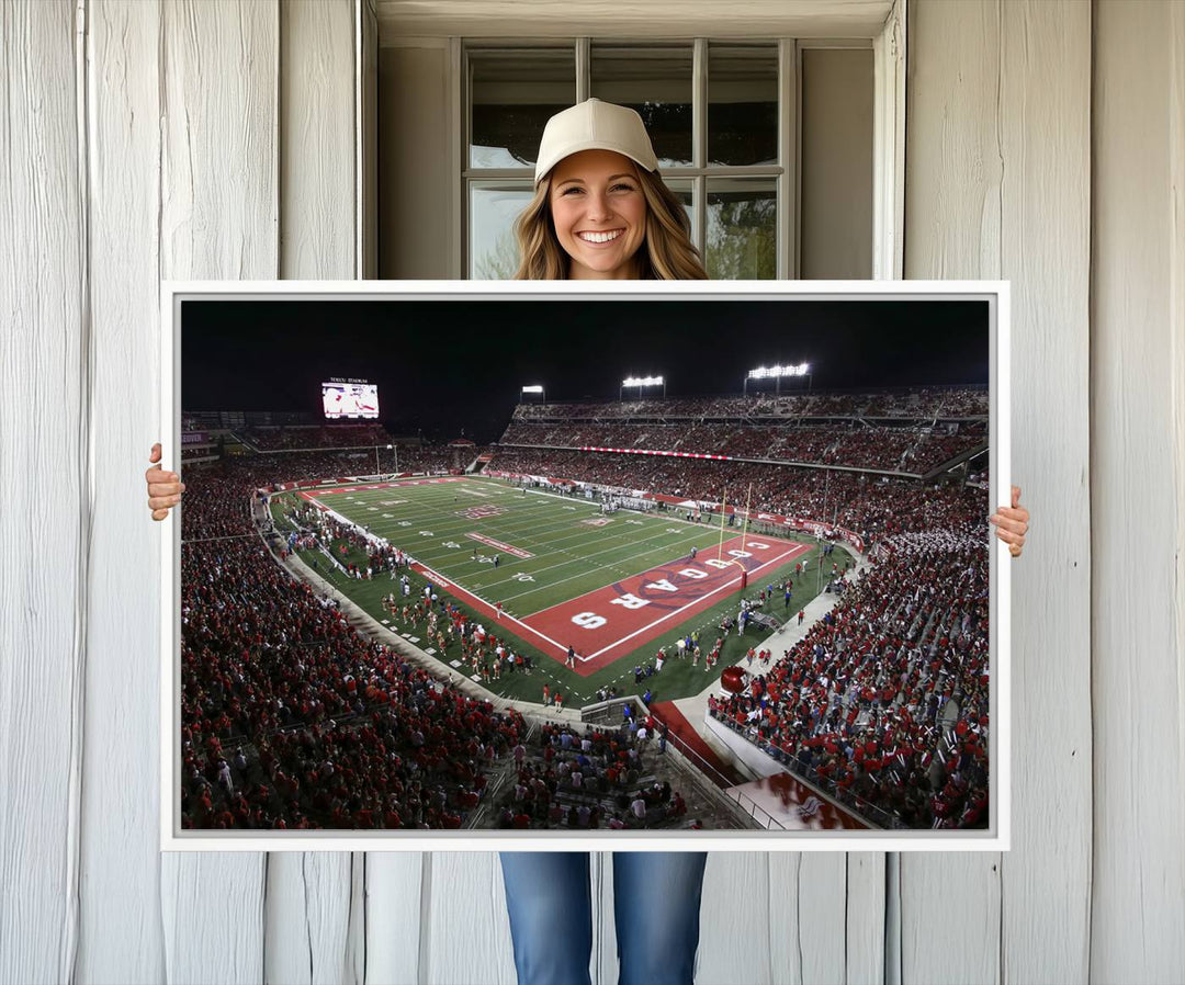 Aerial view of TDECU Stadium at night on the Houston Cougars Football Wall Art Canvas Print.