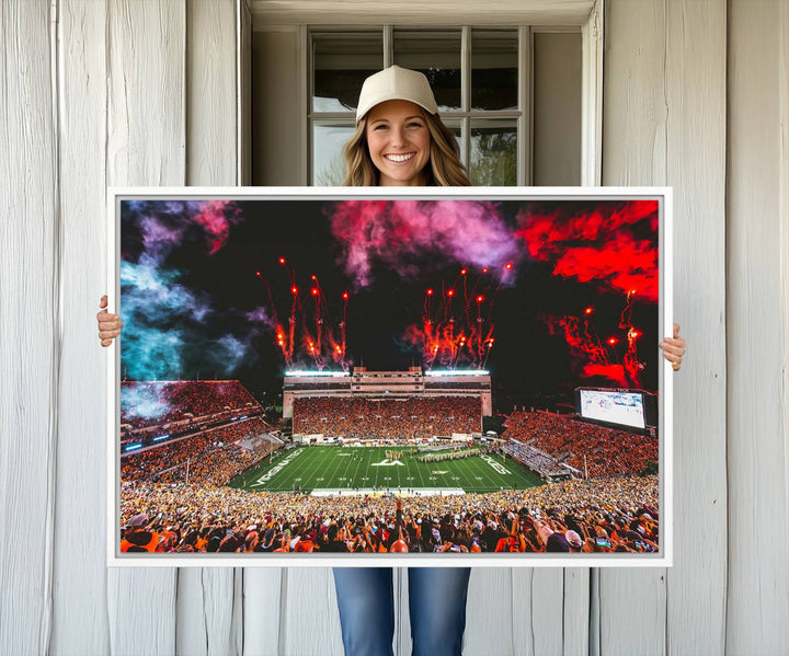 A Hokies football canvas print displays Lane Stadium at night with fireworks.